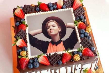 Chocolate And Fruit Birthday Cake With Photo Frames