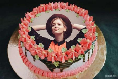 Pink Border Flowers Birthday Cake With Photo Edit