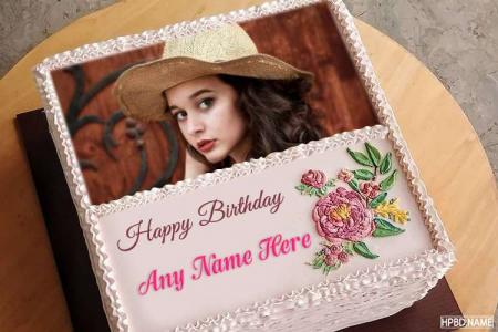 Create Square Floral Birthday Cake With Name And Photo