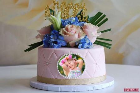 Lovely Pink Flowers Birthday Wishes Cake With Photo